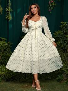 SHEIN Belle 极简性感法式优雅高领长袖金箔雪纺连衣裙女春夏浪漫度假 - 杏色 - 查看 6