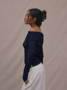 MUSERA Knitted Fold Over Jumper Spring Casual Brunch Summer Airport Cute Comfy Holiday - Navy Blue - View 2