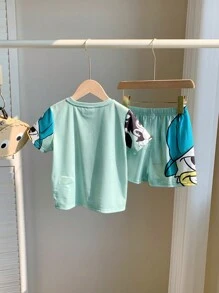 Set van 2 stuks met casual, comfortabele, stijlvolle T-shirts en shorts voor jongens met groot konijnenpatroon, geschikt voor het voorjaar en de zomer.