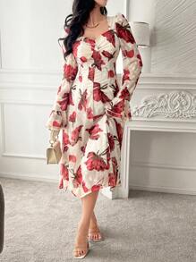 DAZY 女士花卉印花方领泡泡袖中长连衣裙，荷叶边，秋季连衣裙长袖连衣裙