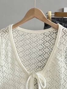 SHEIN Unity Spring/Summer New White Hollow Lace-Up Drawstring Casual Knit Vest - White - View 6