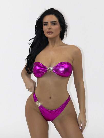 Swim Vcay Woman's Elegant Fuchsia Bandeau Shell Decor Bikini Swimwear Set, Beach Outfits For Summer Beach Vacation