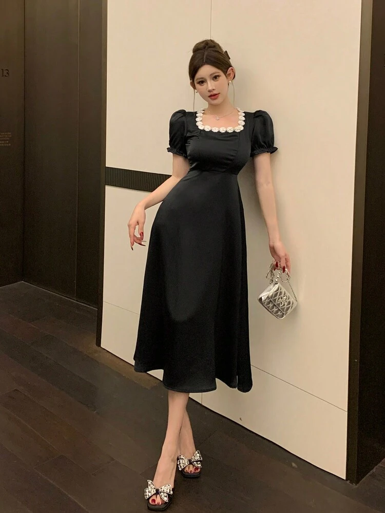 Women's Square Neck Puff Sleeve Cinched Waist Floral Decor Mid-Length Dress Sundress Maxi Dress Cocktail Dress
