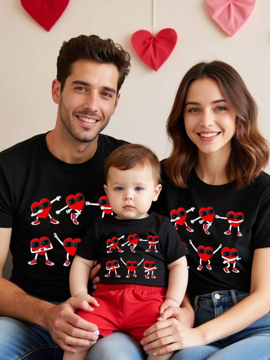 Valentine's Day Toddler Boys' Casual Fashion Creative Holiday Gesture Heart Pattern Printed Basic Short Sleeve T-Shirt, Family Matching Outfits (3 Pieces Sold Separately) - Black - View 1