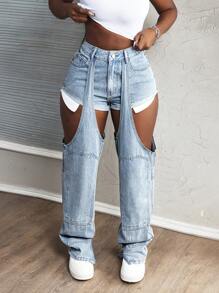 SHEIN Slayr Jeans droits sexy amples à poches et découpes pour femmes