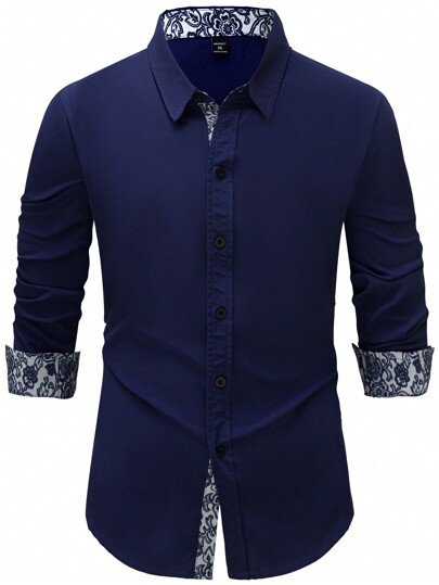 Manfinity Homme Plus Size Men's Patchwork Floral Print Long Sleeve Casual Shirt, Fall