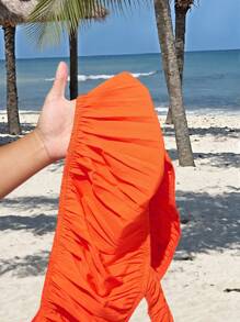 Slaydiva Nuevo conjunto de 2 piezas talla grande para 2025: Falda de volantes de color naranja liso y vestido largo con top de chaleco fruncido