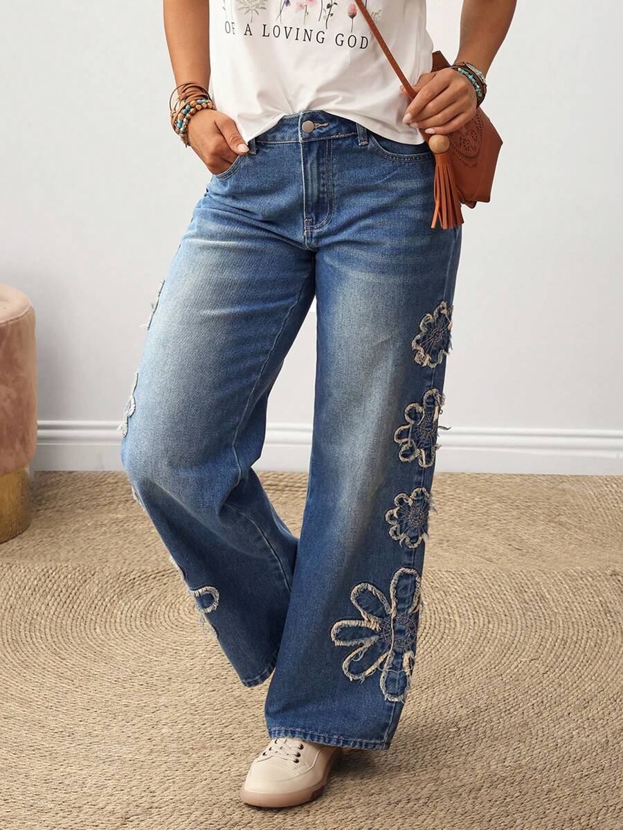 EMERY ROSE Quần Jeans Ống Thẳng Túi Vá Hoa Cho Nữ Thường Ngày - Màu xanh lam - Xem 1