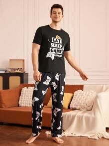 Men's Pajama Set, Printed Short Sleeve Top And Long Pants - Multicolor - View 5