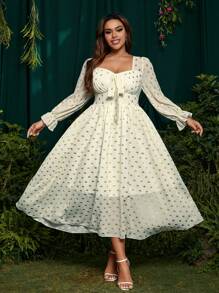 SHEIN Belle 极简性感法式优雅高领长袖金箔雪纺连衣裙女春夏浪漫度假 - 杏色 - 查看 5