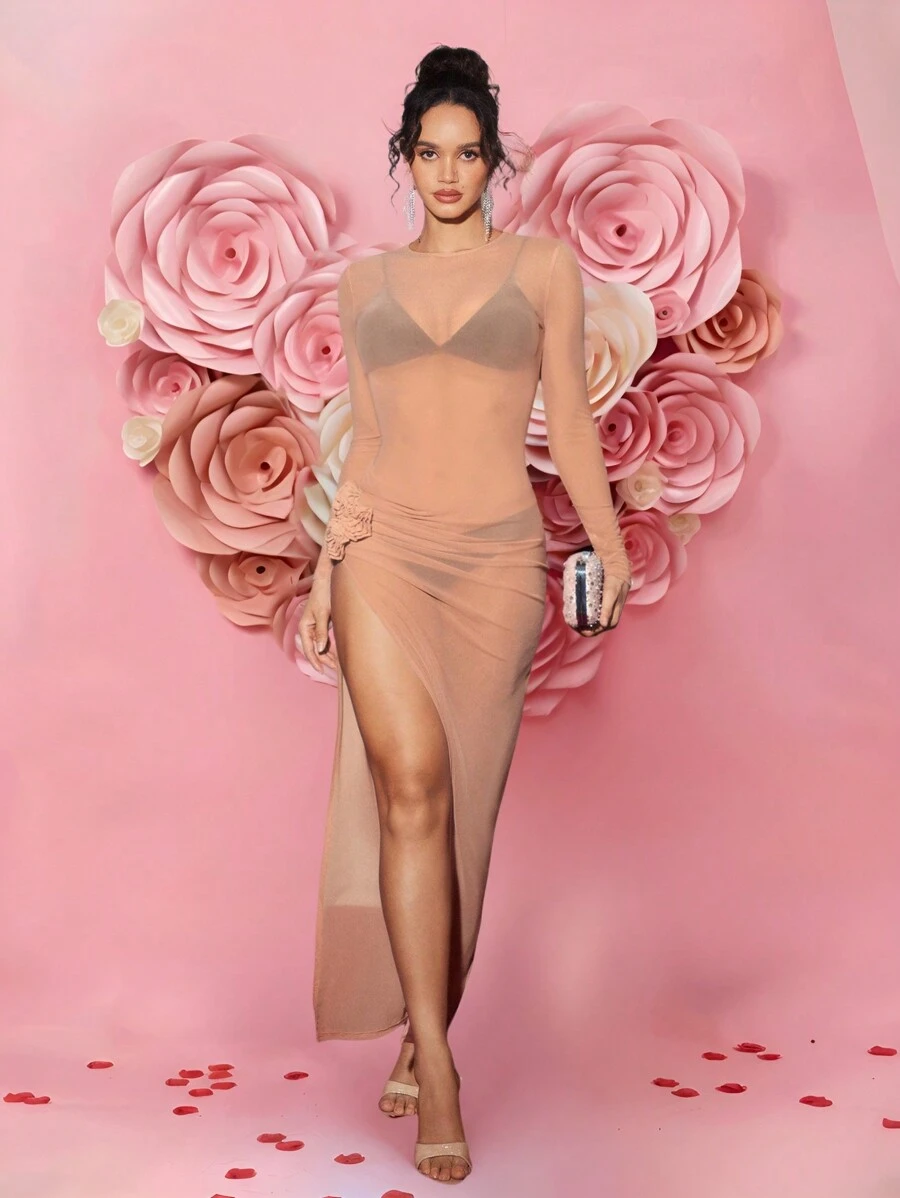 Nancy Grandelli 设计师女士透视粉色网眼 3D 花朵浪漫高开叉优雅性感长裙派对礼服，适合节日、生日服装、春季、节日、粉彩、婚礼、舞会礼服 - 粉色 - 查看 1