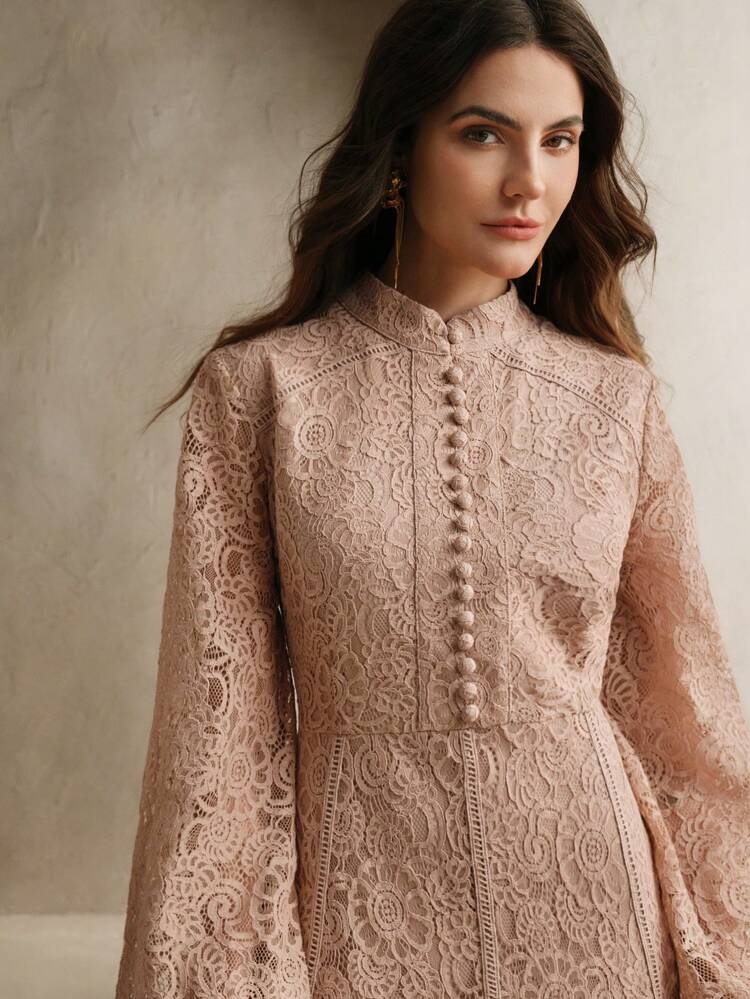 Ladies' Long Sleeve Lace Rose Pink Dress Maxi Women Outfit