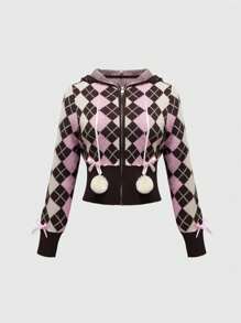 ROMWE Kawaii Y2K Himekaji Argyle Pattern Bowknot Front Cardigan For Women - Brown - View 1