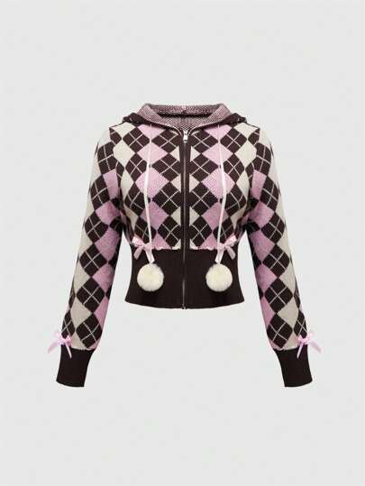 Kawaii Y2K Himekaji Argyle Pattern Bowknot Front Cardigan For Women