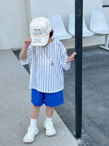 SHEIN 2pcs/Set Young Boys Casual Street Cute Resort Cartoon Animal Group Graphic Loose Round Neck Short Sleeve White & Blue Striped T-Shirt And Blue Shorts Outfit, Suitable For Spring/Summer - Multicolor - View 8