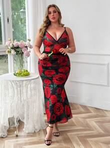 Flirla Completo da donna elegante e vintage taglie forti in 2 pezzi: canotta aderente a scollo a V con stampa floreale + gonna lunga plissettata in rete con stampa rosa e fondo a coda di pesce, perfetto per San Valentino - Multicolore - Visualizzare 7