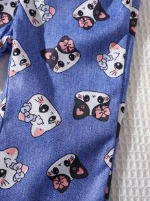 Baby Girls Casual And Loose Versatile Elastic Waist Cute Cat Graphic Blue Denim Effect Flared Pants, Suitable For Spring, Fall,Winter - Blue - View 6