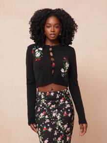 NYA SZN 春季花卉印花纽扣针织开衫夏季节日朴素刺绣休闲女装早午餐上衣 - 黑色 - 查看 1