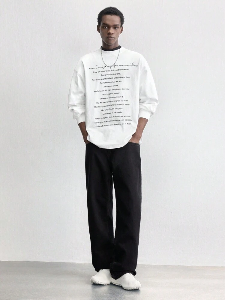 SHEIN Maija Men's 2025 Spring New Letter Print Round Neck Loose Casual T-Shirt, Minimalist & Versatile Style For Everyday, Date, Holiday, New Year Party, Business Commute, White Long Sleeve