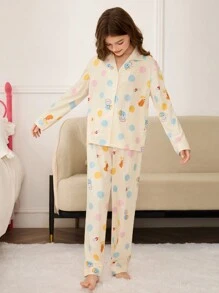 青少年女孩卡通印花长袖纽扣上衣和裤子睡衣套装 - 彩色 - 查看 4