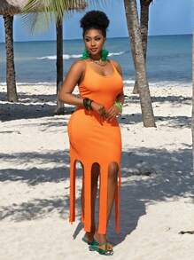 Slaydiva 2025 新款狂欢/复活节女装/老钱风格女装/乡村音乐会装/外出装/仙女风/节日装/热带度假女装夏季女士服装/夏季/狂欢/欧洲夏季/春季服装/西装女士加大码/音乐会/毕业装，百搭日常休闲简约性感极简大码，休闲纯色细肩带流苏下摆中长连衣裙 - ZZ