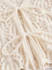 SHEIN MOD Cárdigan de punto con mangas de trompeta huecas y nudo delantero, estilo vacacional color albaricoque, ropa bohemia, cárdigan de primavera, ropa de campo, cárdigan elegante