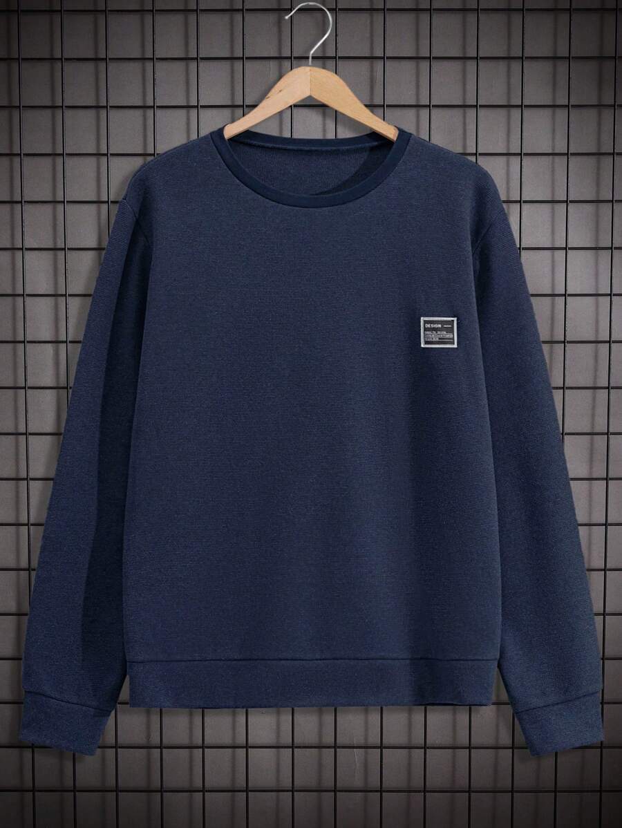 SHEIN Cottnline Men Special Fabric With Label Regular Sweatshirt - Navy Blue - View 1