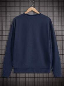 SHEIN Cottnline Men Special Fabric With Label Regular Sweatshirt - Navy Blue - View 2