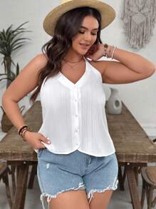 SHEIN VCAY Áo cánh vải kết cấu rộng rãi, cổ chữ V buộc dây cỡ lớn dành cho nữ, thích hợp cho ngày lễ tình nhân - trắng - Xem 6