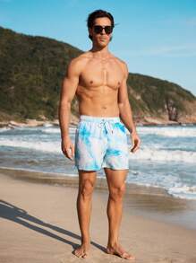 CoralVoy Shorts Casual de Praia com Cordão na Cintura e Estampa Tie-Dye Masculina - Azul e Branco - Visão 6