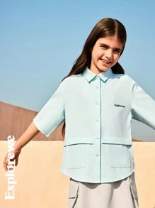 SHEIN Tween 女童简约时尚休闲日常纯色短袖衬衫 - 藍色 - 查看 6