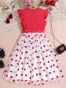 Tween Girl Valentines Day Heart Net Mesh Flutter Sleeveless Criss-Cross Collar Princess Dress Outfit - Red - View 2