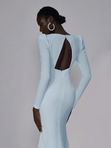 Elitara 优雅奢华浪漫白色性感露背 V 领弹力针织长袖鱼尾超长连衣裙，配有超长拖尾，适合婚礼、单身派对、度假、舞会、新娘礼服 - 淺藍色 - 查看 2