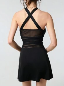 SHEIN Unity Vestido mini sexy de unicolor con cuello halter cruzado y panel de cintura de malla - Negro - Ver 2