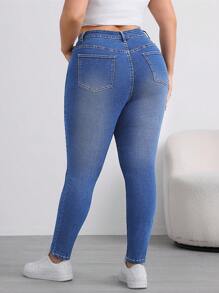 SHEIN Essnce Plus Size Women's Casual Stretch Skinny Jeans, Blue - Medium Wash - View 2