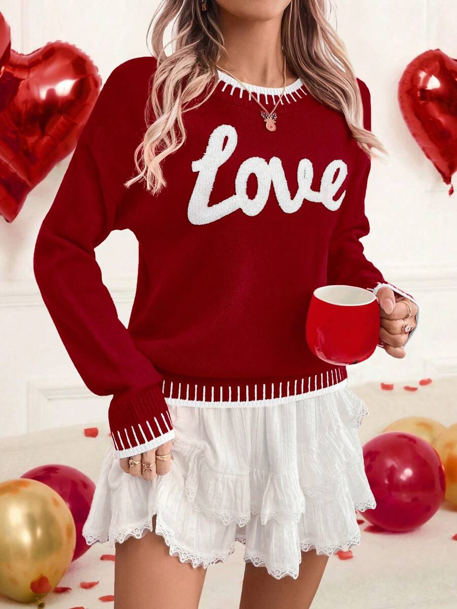 SHEIN LUNE Women's Valentine's Day "Love Letter" Bicolor Pattern Loose Casual Sweater Knit Pullover Fall Winter - Burgundy - View 1