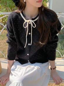 DAZY Women's Round Neck Long Sleeve Front Tie Button Simple Casual Polka Dot Sweater,Fall Women Clothes