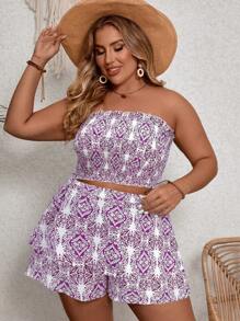 SHEIN VCAY 2pcs Plus Size Set - Minimalist Fashion Camisole And Shorts, Casual Everyday Wear - Purple - View 3