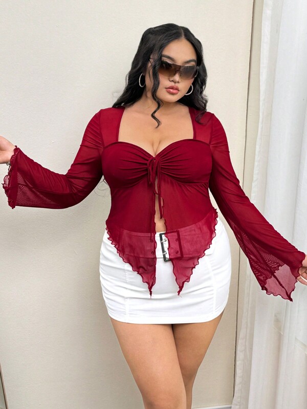 SHEIN ICON Blusa burdeos de talla grande con detalles de encaje calados y lazo, para el Día de San Valentín