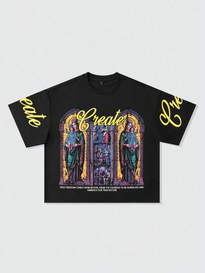 Goth Camiseta gráfica holgada y recortada de peso pesado, estilo callejero vintage para hombres