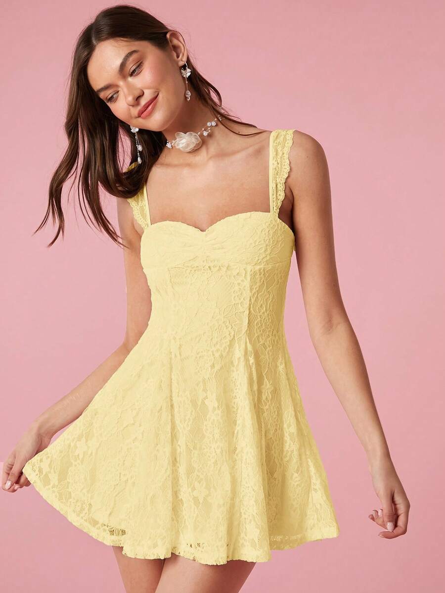 Enchnt Đầm mini rộng rãi, đơn sắc, viền bèo nhún, thường ngày cho nữ - Màu vàng - Xem 1