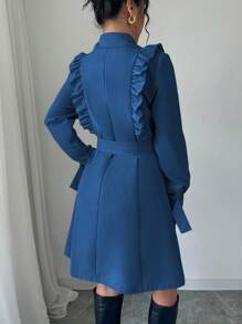 Elenzga Double-Breasted Cinched Waist Princess Seam Fitted Metal Button Ruffle Hem Trench Coat - Blue - View 2
