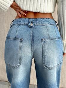 EURMUSE 女士低腰直筒牛仔裤 - 淺色水洗藍 - 查看 3