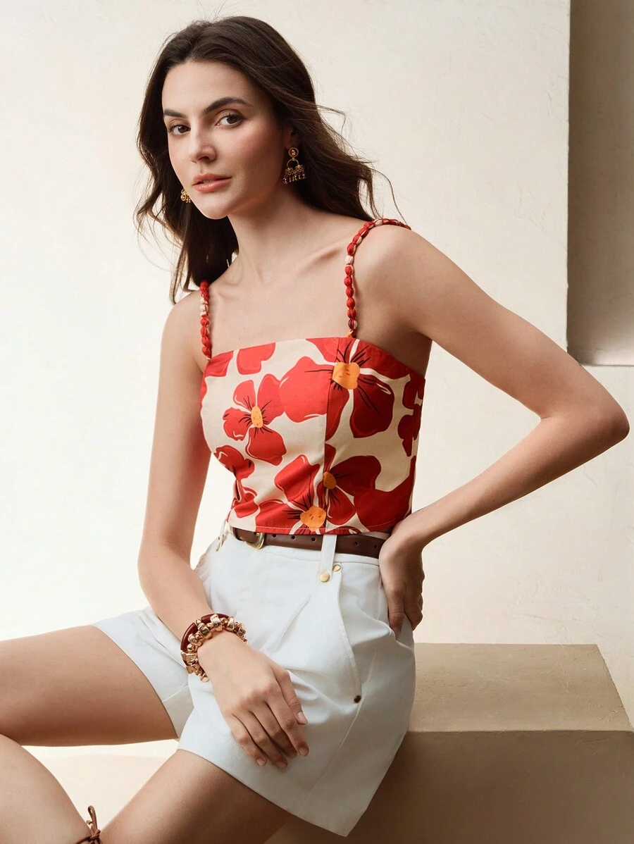 Anewsta 女士编织红杏色大花印花珠饰肩带时尚百搭背心夏季优雅度假