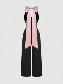 SHEIN MOD بدلة نسائية بدون أكمام وياقة مزخرفة وقماش ملون مع فيونكة وردية كبيرة، بدلة، رأس السنة، عيد الحب