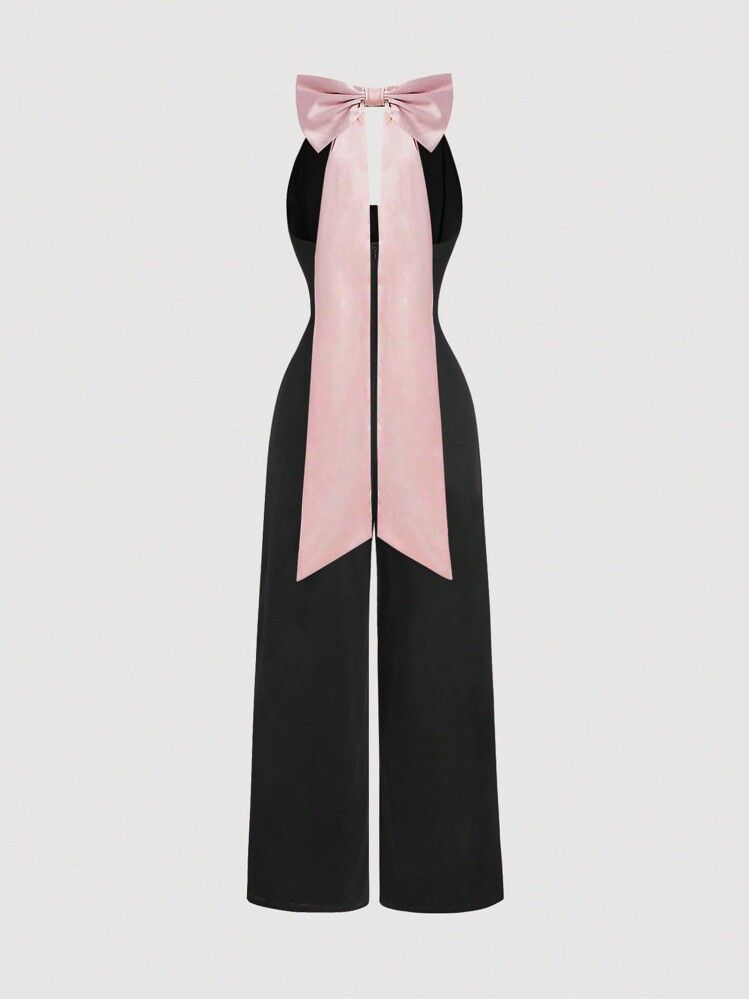 SHEIN MOD 大码女式无袖露背领拼色连体裤，配大号粉色蝴蝶结、连体裤、新年、情人节 - 黑色 - 查看 1