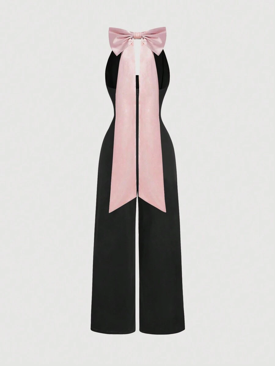 SHEIN MOD بدلة نسائية بدون أكمام وياقة مزخرفة وقماش ملون مع فيونكة وردية كبيرة، بدلة، رأس السنة، عيد الحب