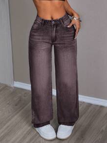 SHEIN PETITE Women's Straight Leg Pocket Loose Casual Denim Jeans, Versatile