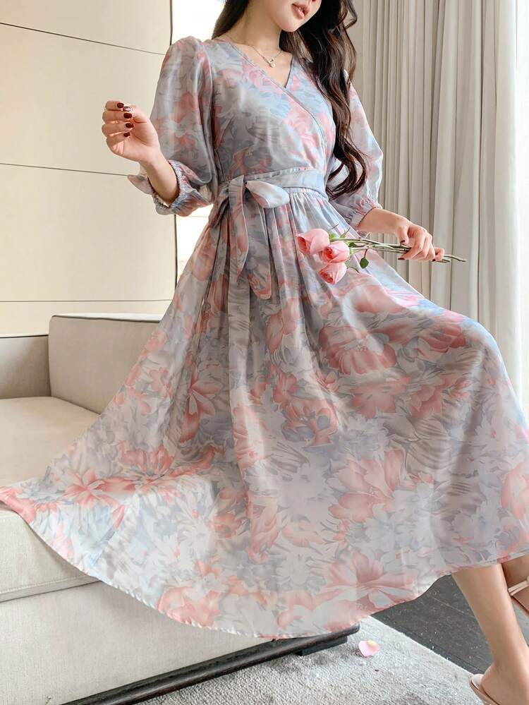 Women's Ditsy Floral Wrap Around High Waist Mid-Length Spring Dress, Ruffle Vacation Outfits Women Dress Boho