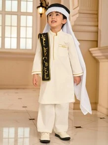 SHEIN Young Boy Embroidered Design Pocket Long Sleeve Button Half Placket Shirt - Black - View 5